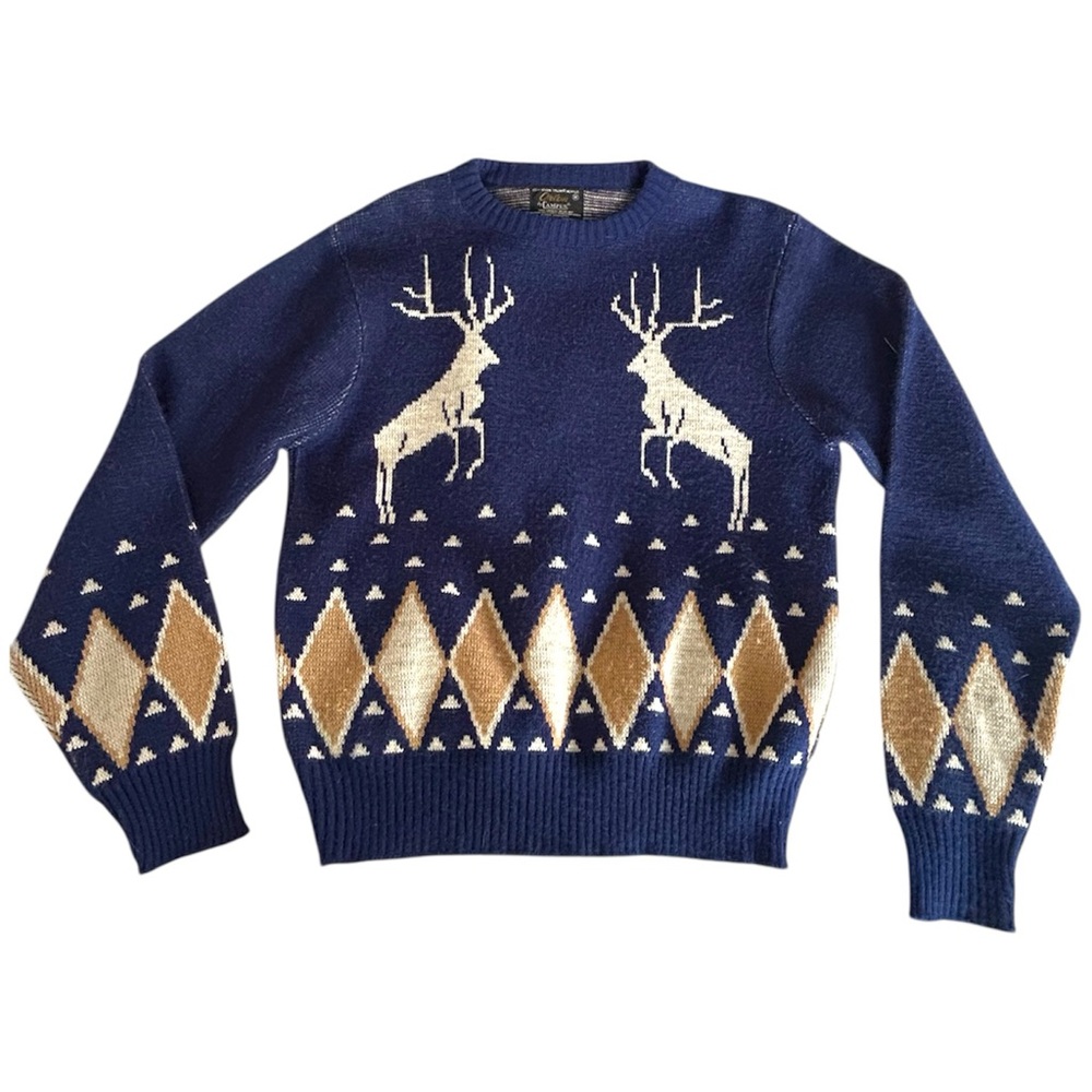 Orlon by Campus Vtg 60s Blue Tan Reindeer Sweater Womens M-L Holiday Ski Classic